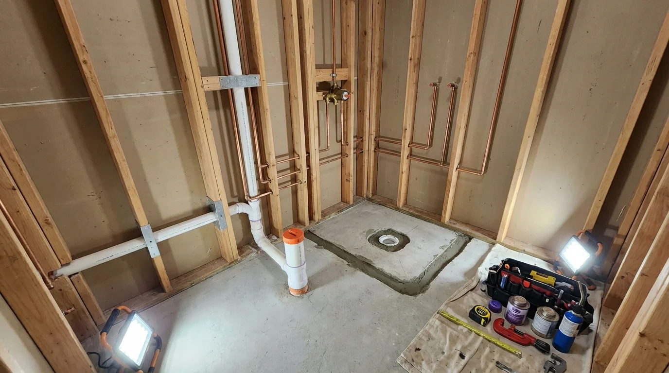 Bathroom rough-in plumbing during remodel by Johns Plumbing LLC in Nuevo