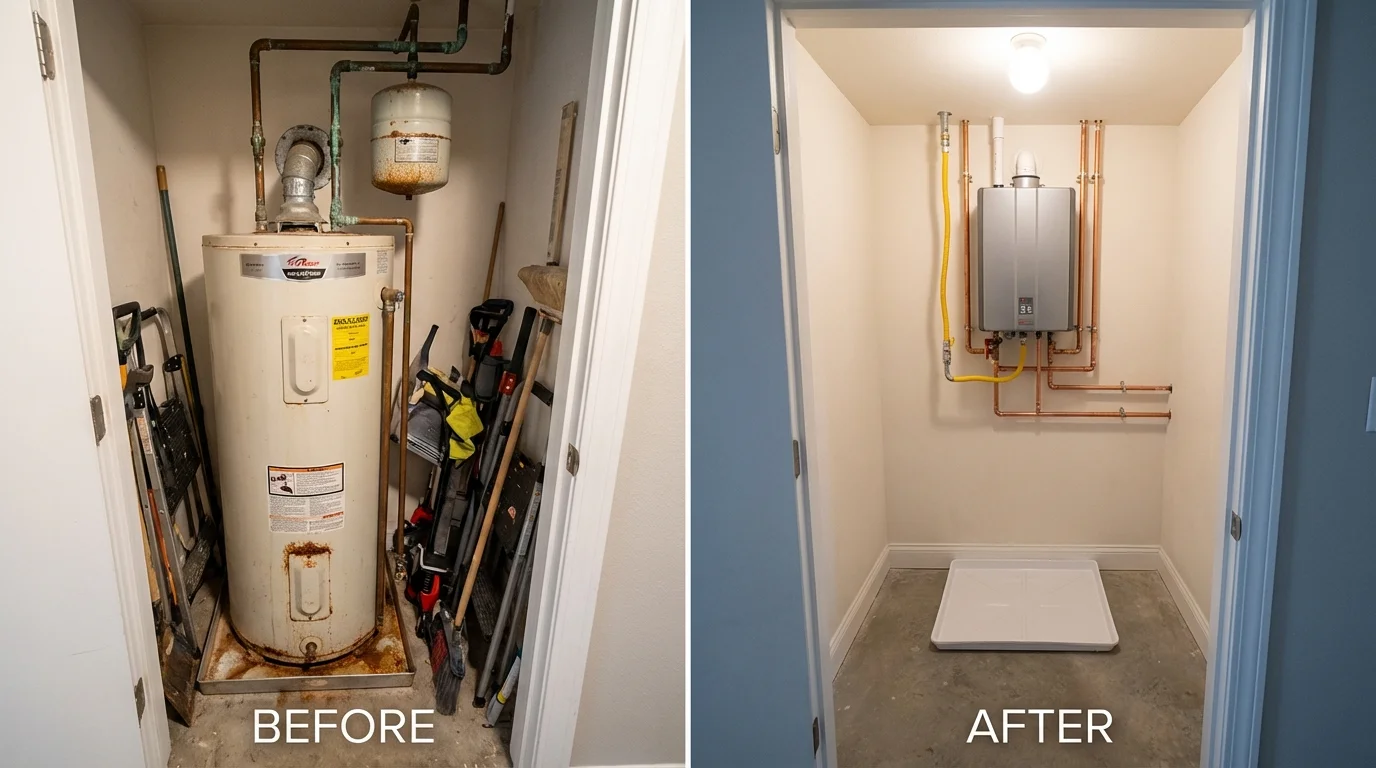 Tank water heater versus wall-mounted tankless unit comparison for Nuevo, CA homeowners
