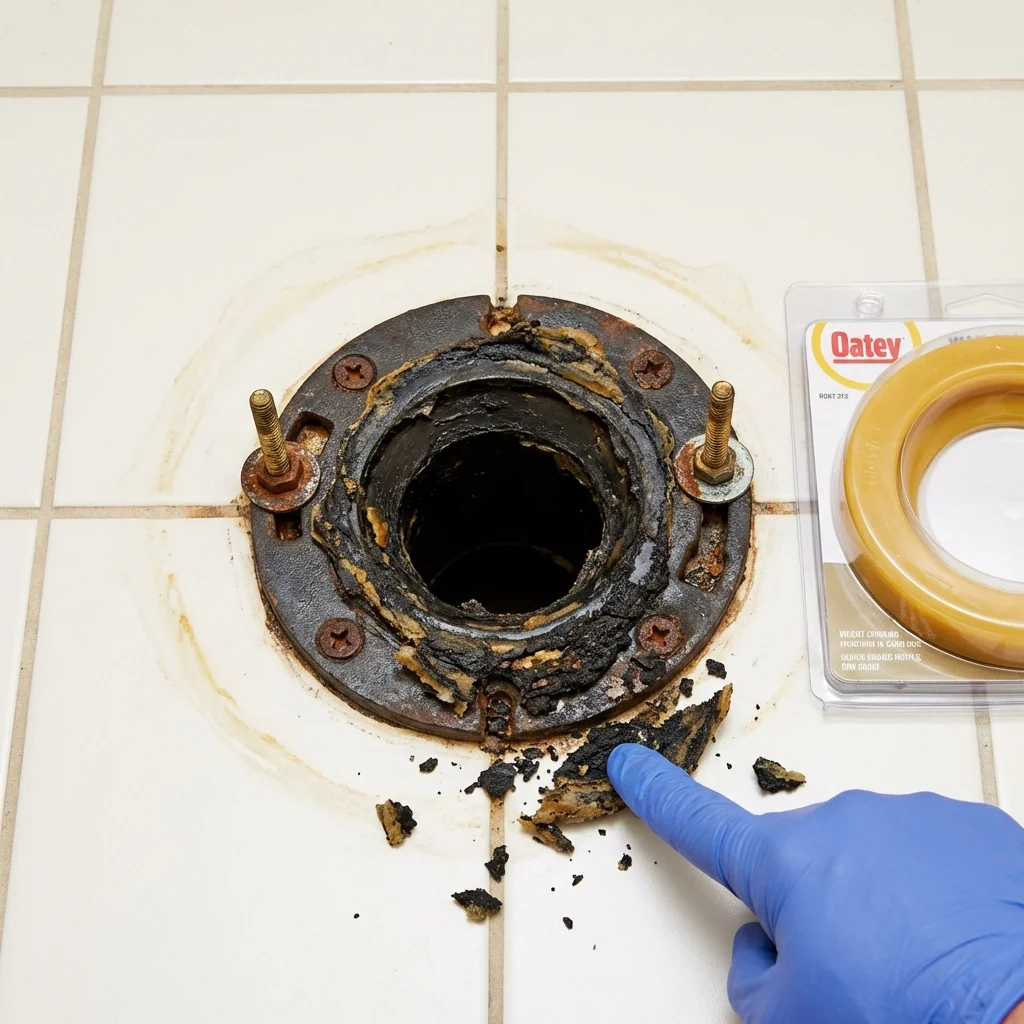 Failed wax ring showing water seepage at the base of a toilet in a Nuevo, CA home