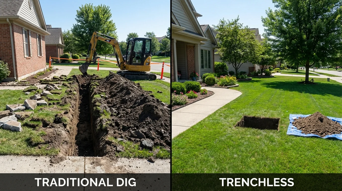 Trenchless sewer repair with minimal yard damage versus traditional excavation in Nuevo, CA